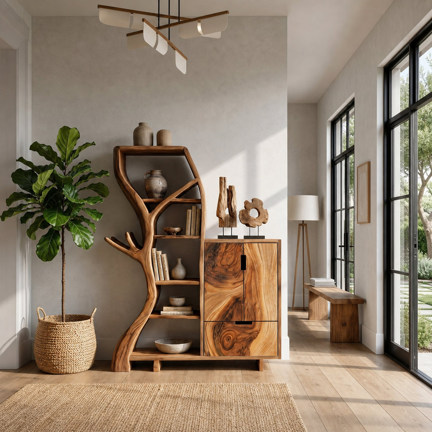 Rustic Storage Cabinet With Tree Bookshelf And Display Shelves For Entryway - product view 6