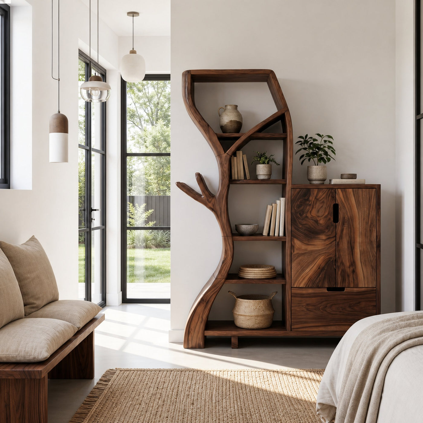 Rustic Storage Cabinet With Tree Bookshelf And Display Shelves For Entryway - product view 7