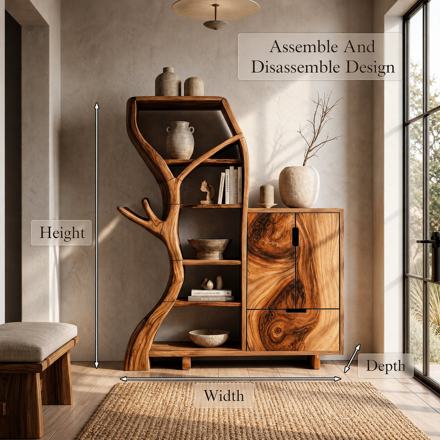 Rustic Storage Cabinet With Tree Bookshelf And Display Shelves For Entryway - product view 8