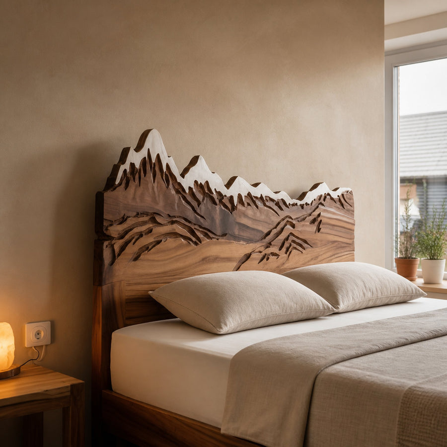 Rustic Style Mountain Carved Headboard Wall Art Bedroom