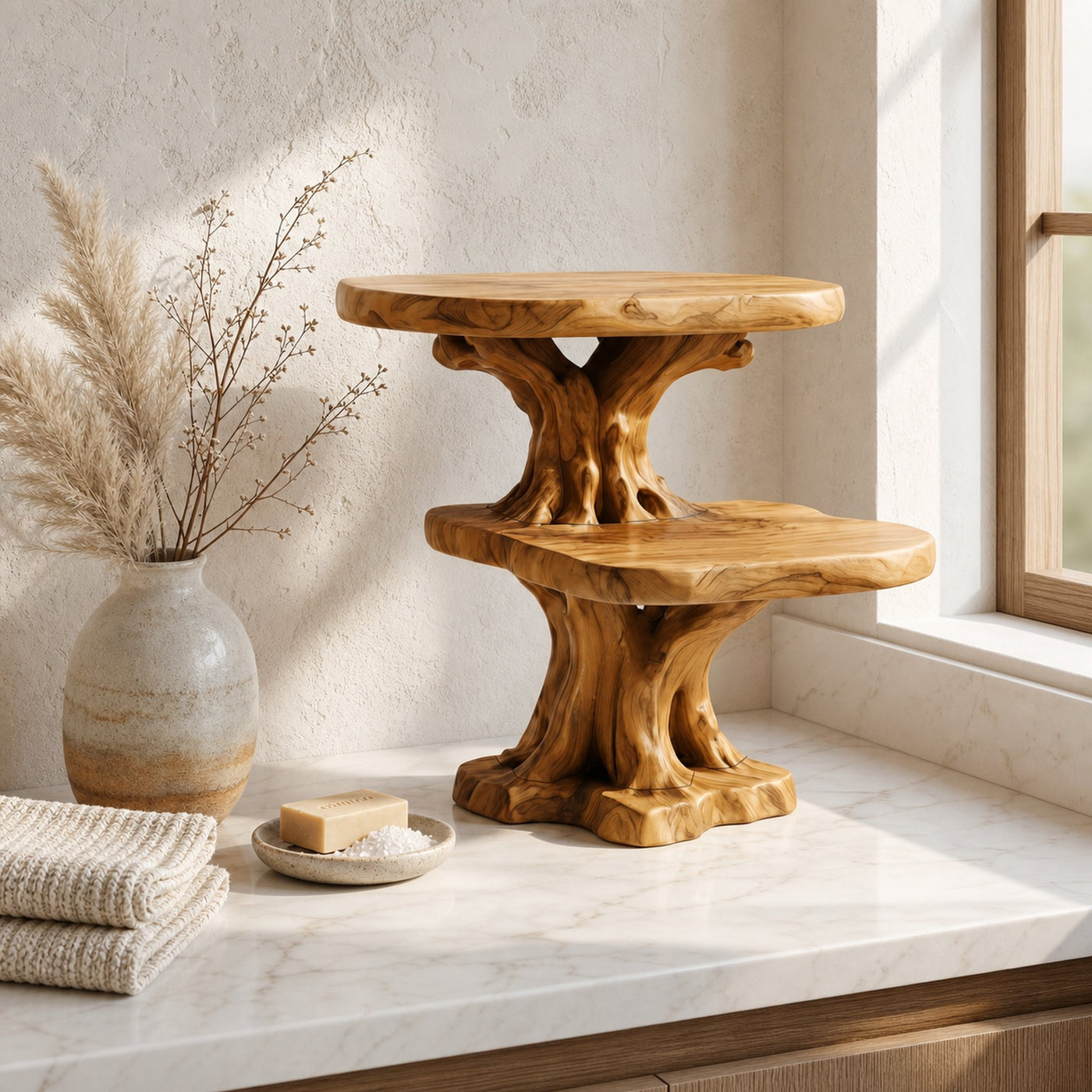 Rustic Tree Bathroom Organizer With Floating Display Shelves