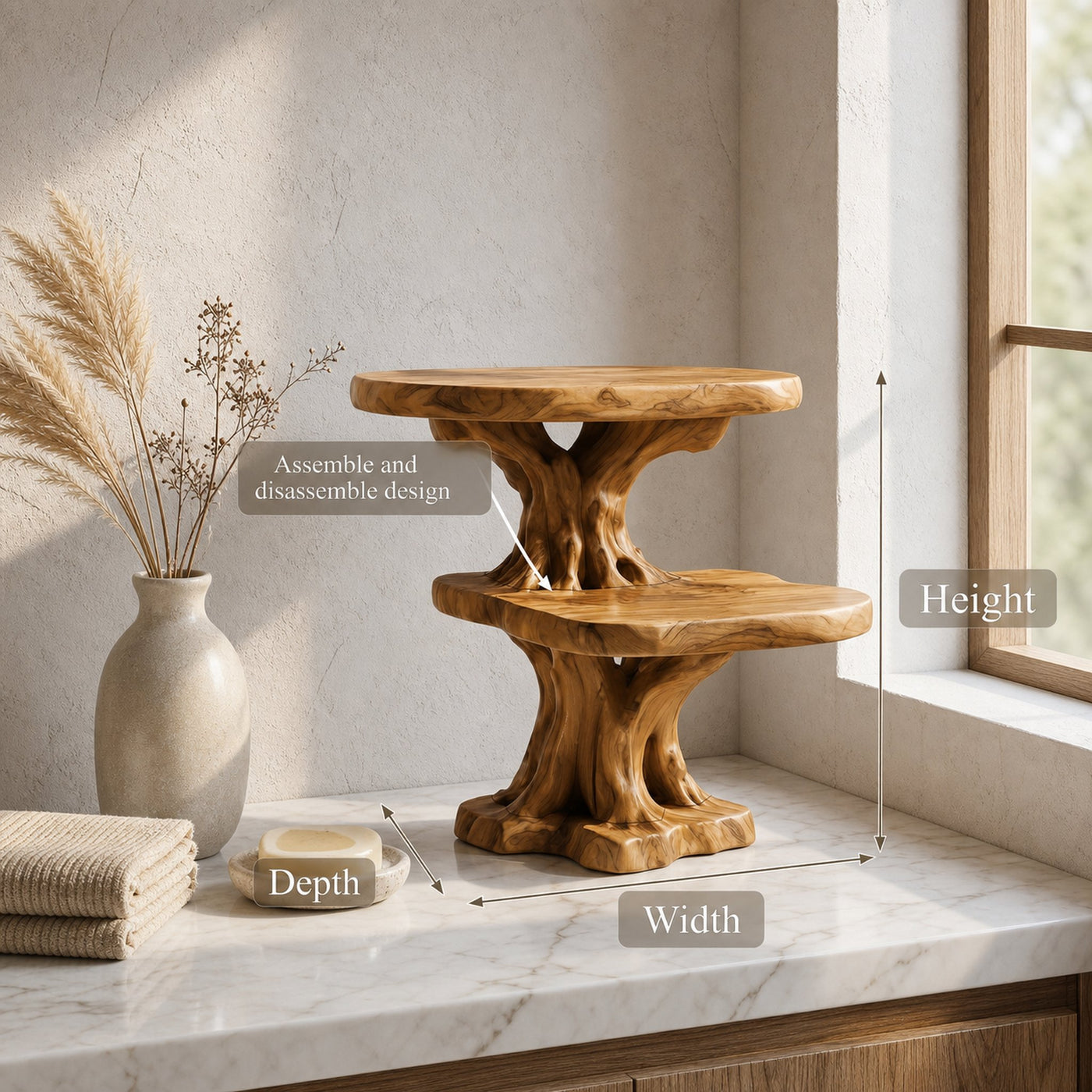 Rustic Tree Bathroom Organizer With Floating Display Shelves - product view 8