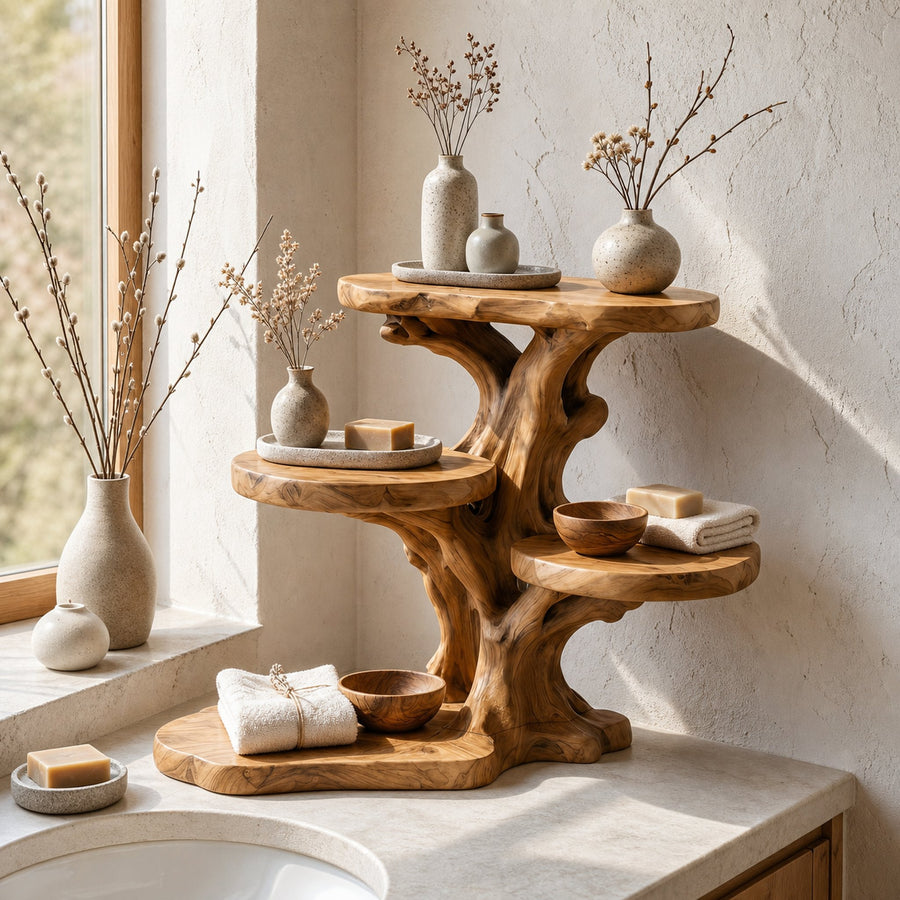 Rustic Tree Bathroom Organizer With Sculptural Display Shelves
