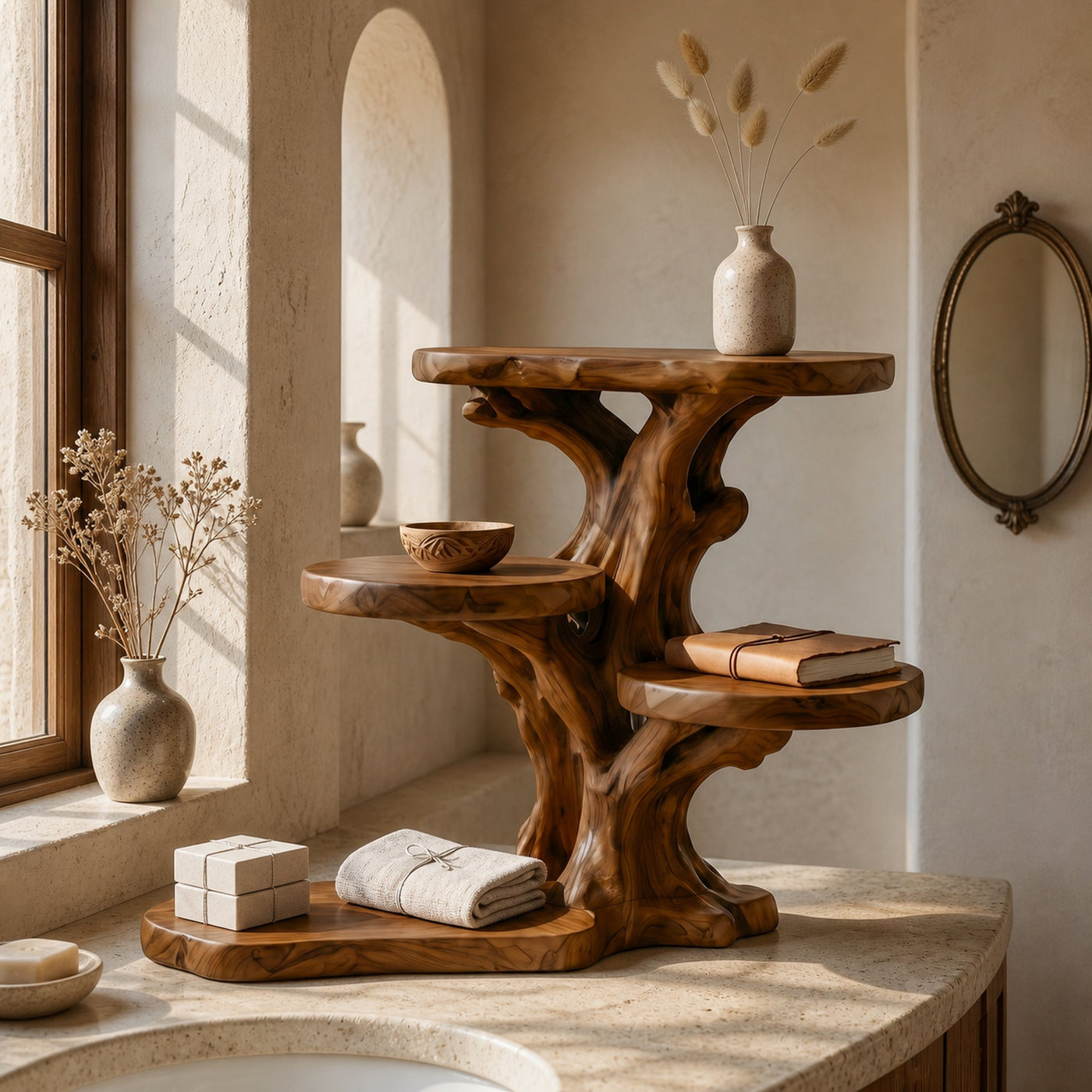 Rustic Tree Bathroom Organizer With Sculptural Display Shelves - product view 6
