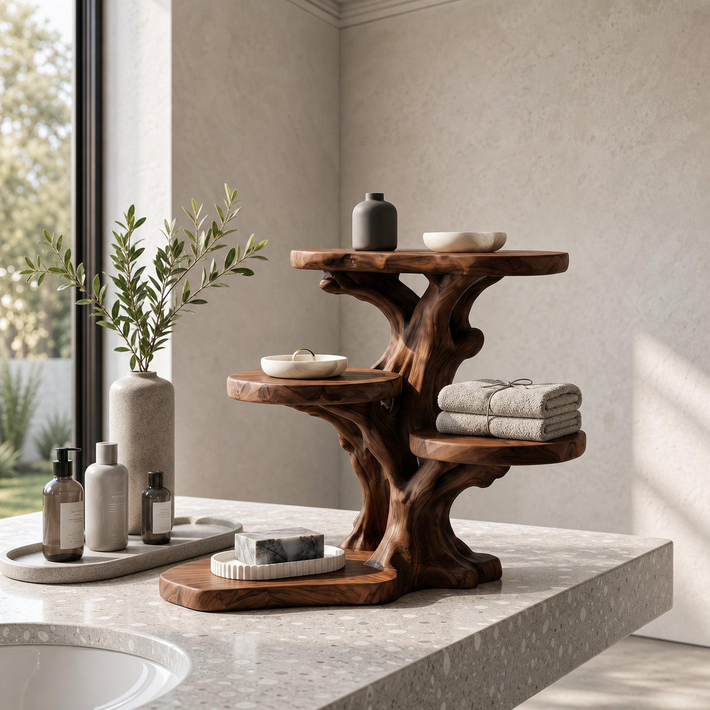 Rustic Tree Bathroom Organizer With Sculptural Display Shelves - product view 7