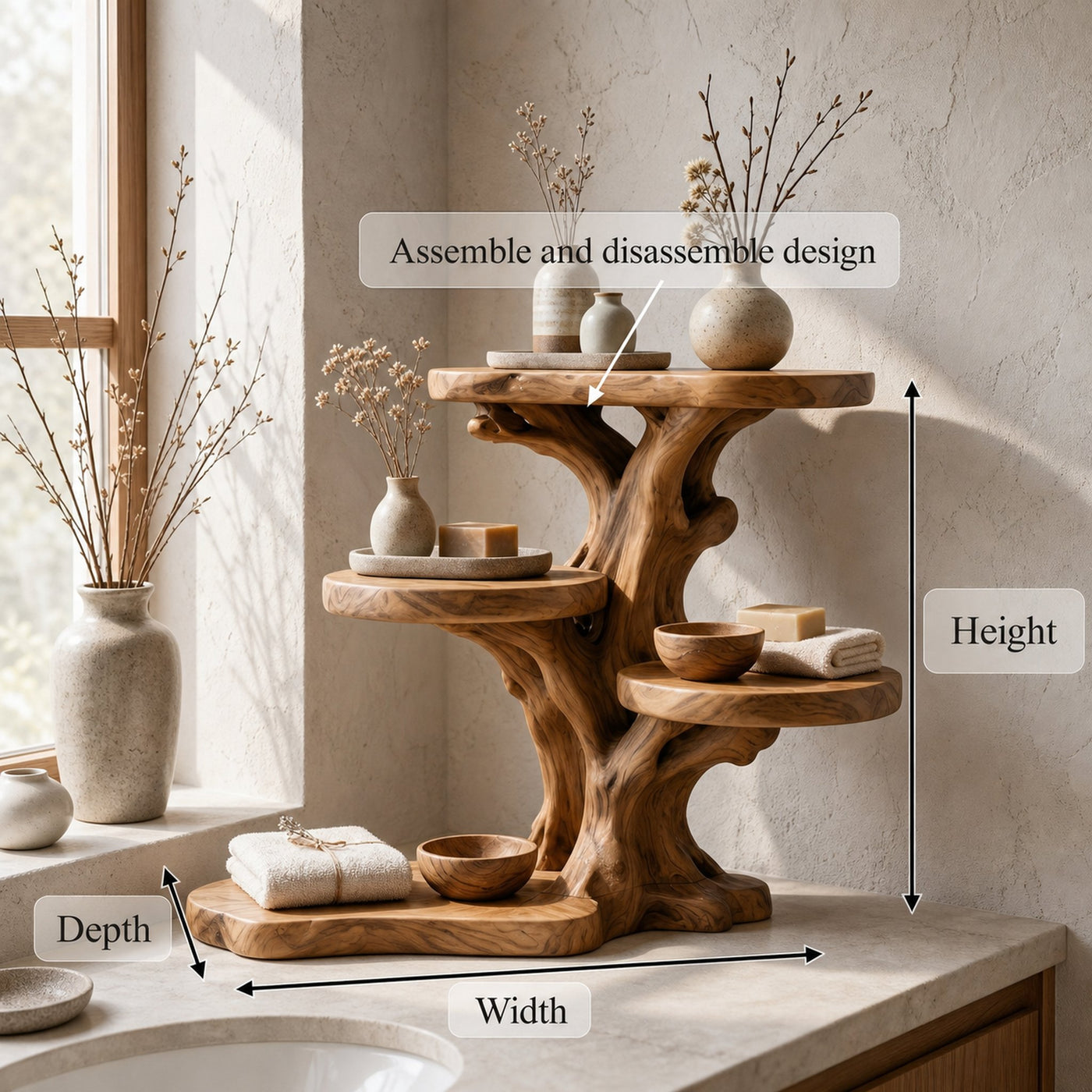 Rustic Tree Bathroom Organizer With Sculptural Display Shelves - product view 8