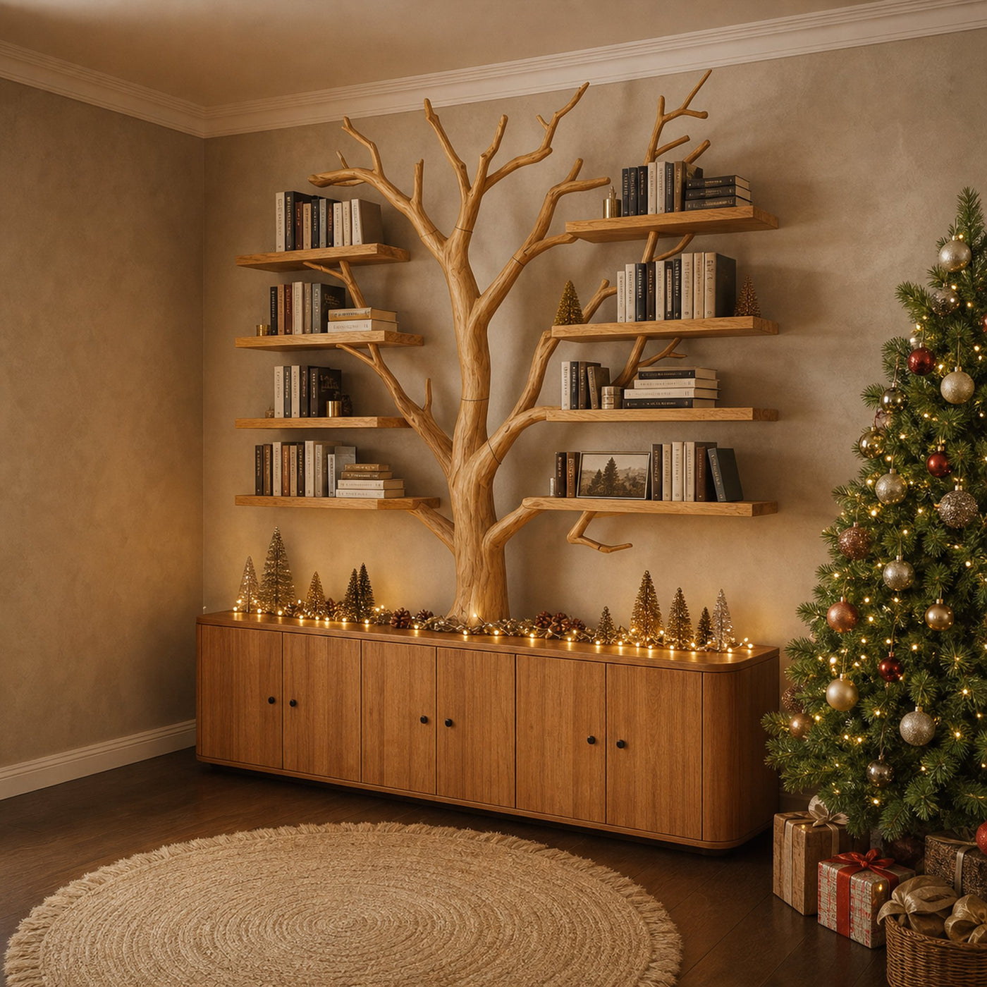 Rustic Tree Bookshelf Storage Cabinet Christmas Living Space