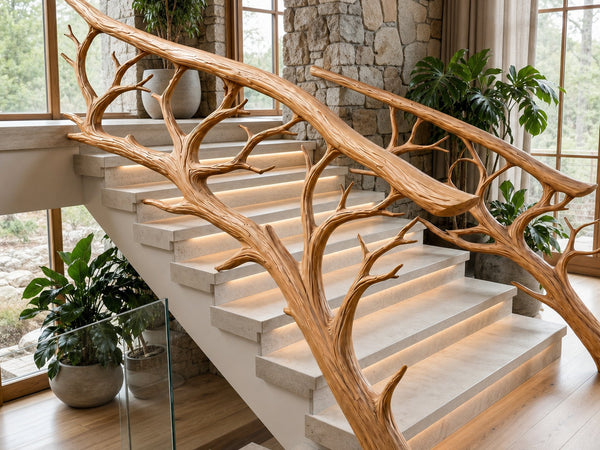 Rustic Tree Branch Stair Railing With Organic Wood Design For Interior Staircase