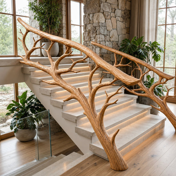 Rustic Tree Branch Stair Railing With Organic Wood Design For Interior Staircase
