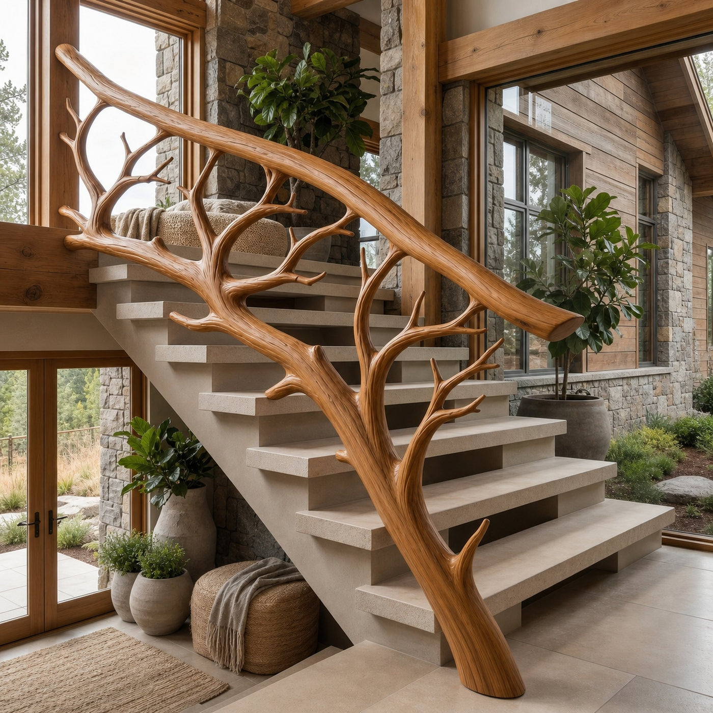 Rustic Tree Branch Stair Railing With Organic Wood Design For Interior Staircase - product view 6