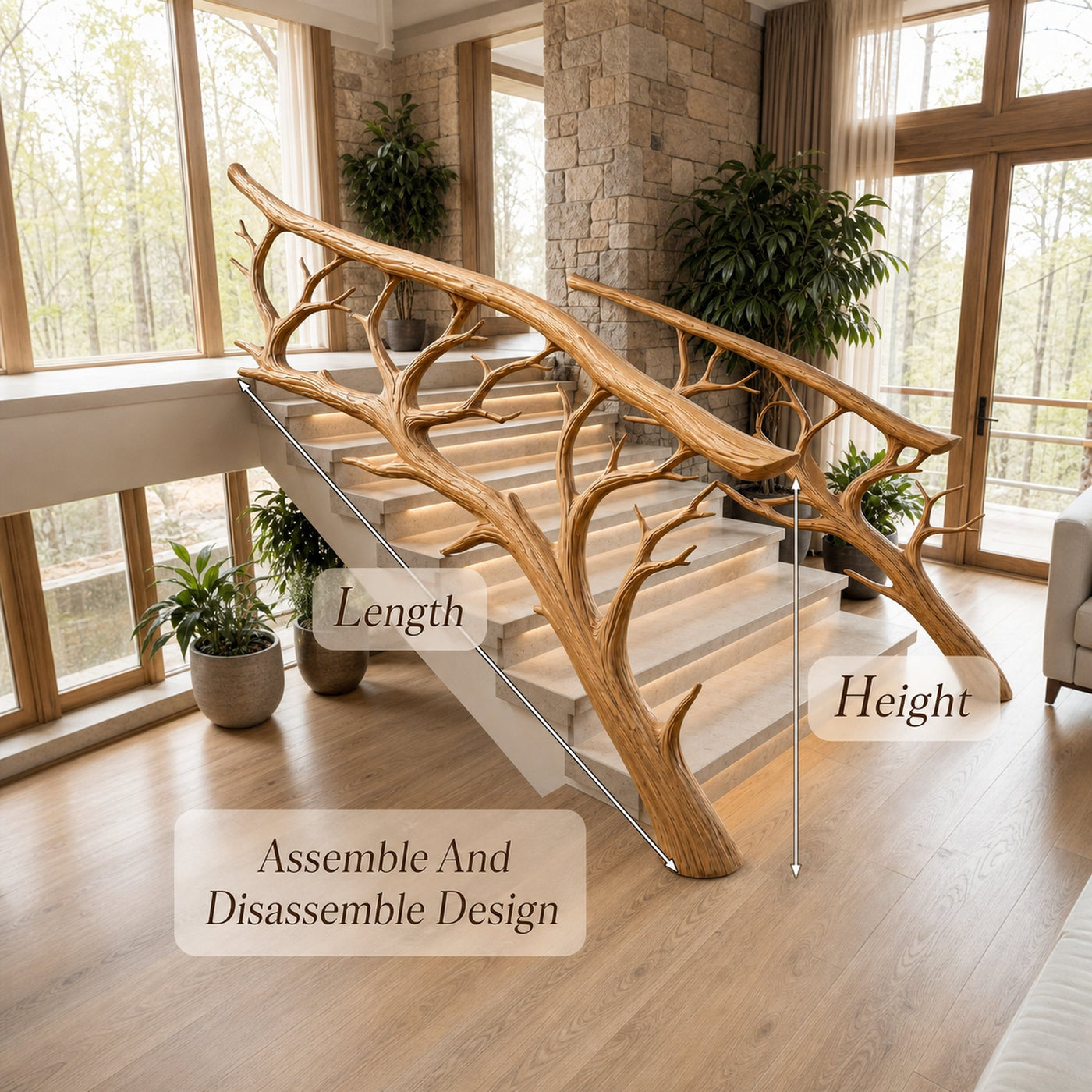 Rustic Tree Branch Stair Railing With Organic Wood Design For Interior Staircase - product view 8