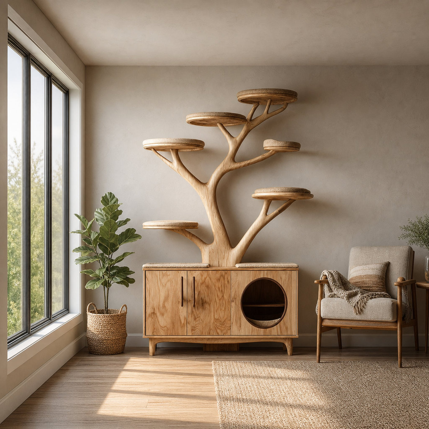 Rustic Tree Cat Tower Cabinet Living Room