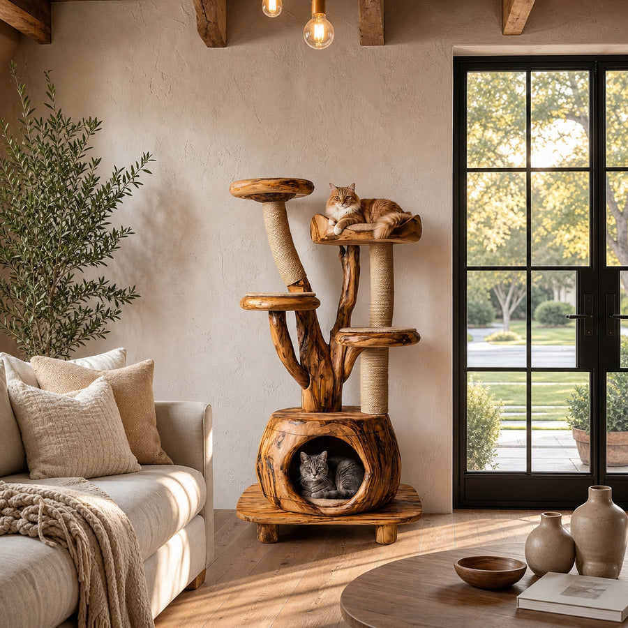 Rustic Tree Cat Tower With Cozy Pet Bed For Living Room