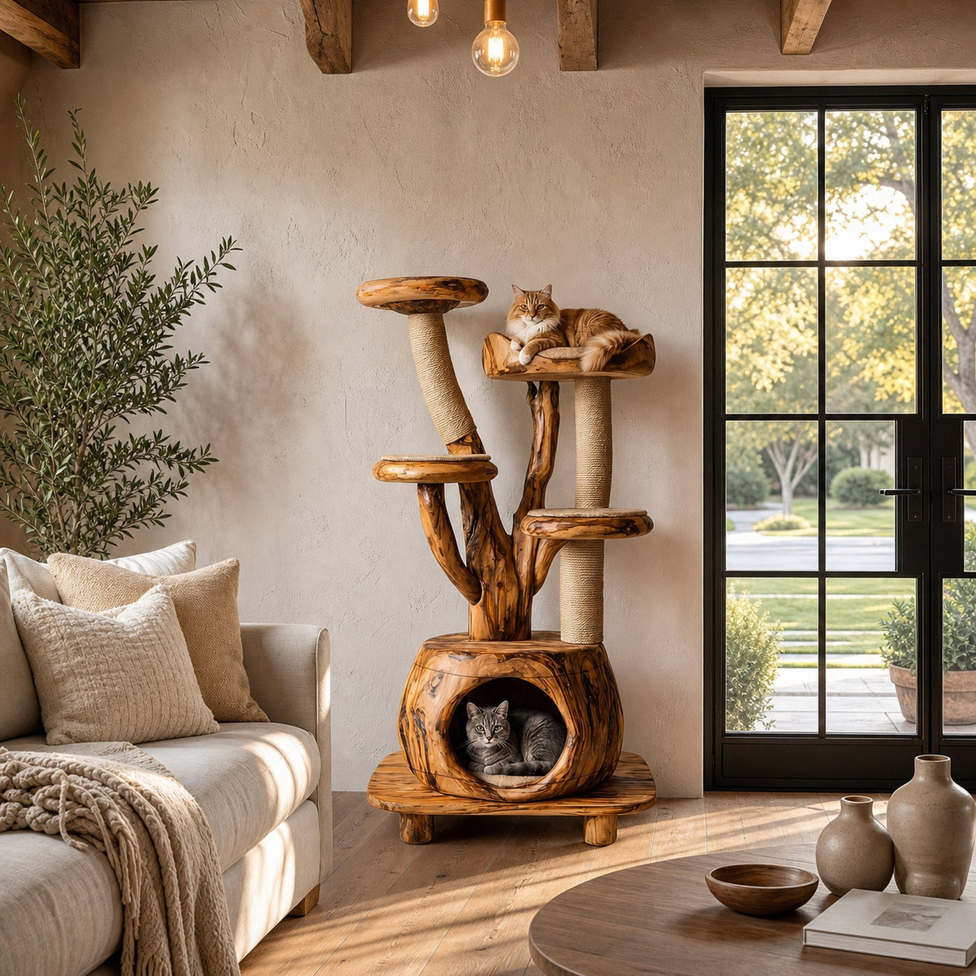 Rustic Tree Cat Tower With Cozy Pet Bed For Living Room