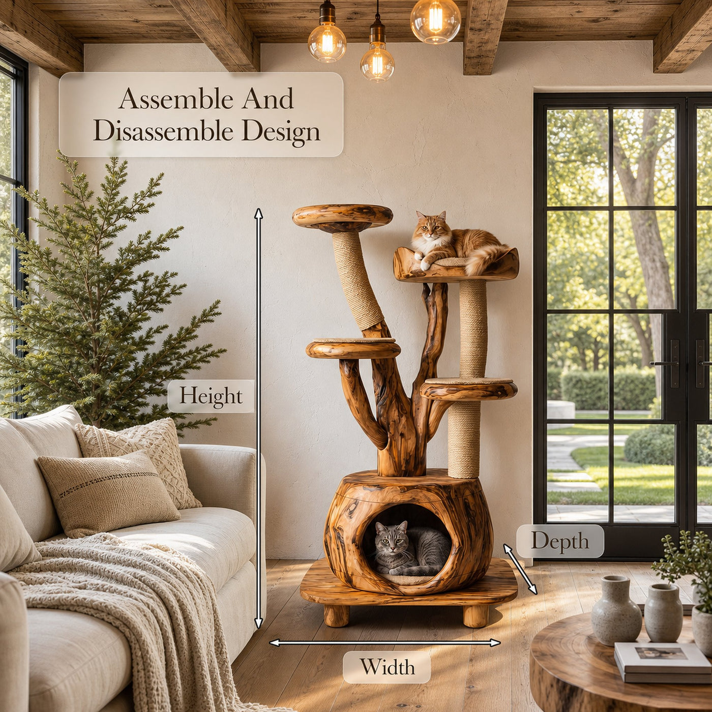 Rustic Tree Cat Tower With Cozy Pet Bed For Living Room - product view 8