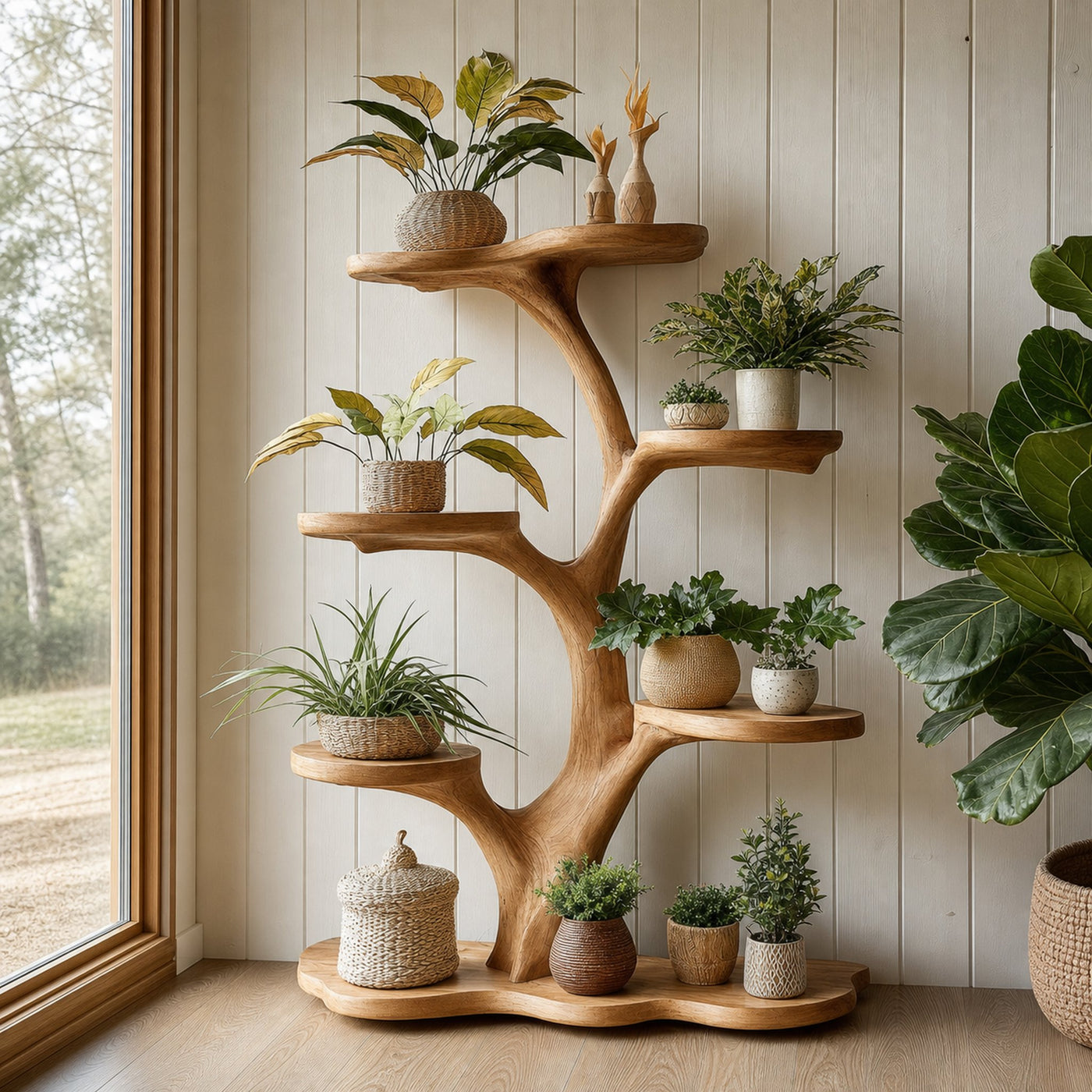Rustic Tree Plant Shelf Indoor Green Display Living Room