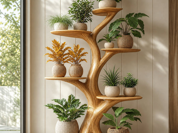 Rustic Tree Plant Shelf Organic Multi-Level Display Home Interior Decor