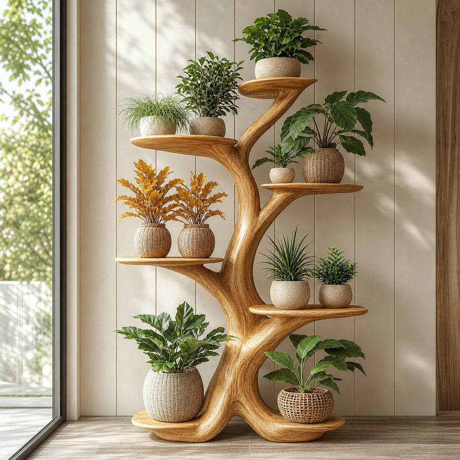 Rustic Tree Plant Shelf Organic Multi-Level Display Home Interior Decor