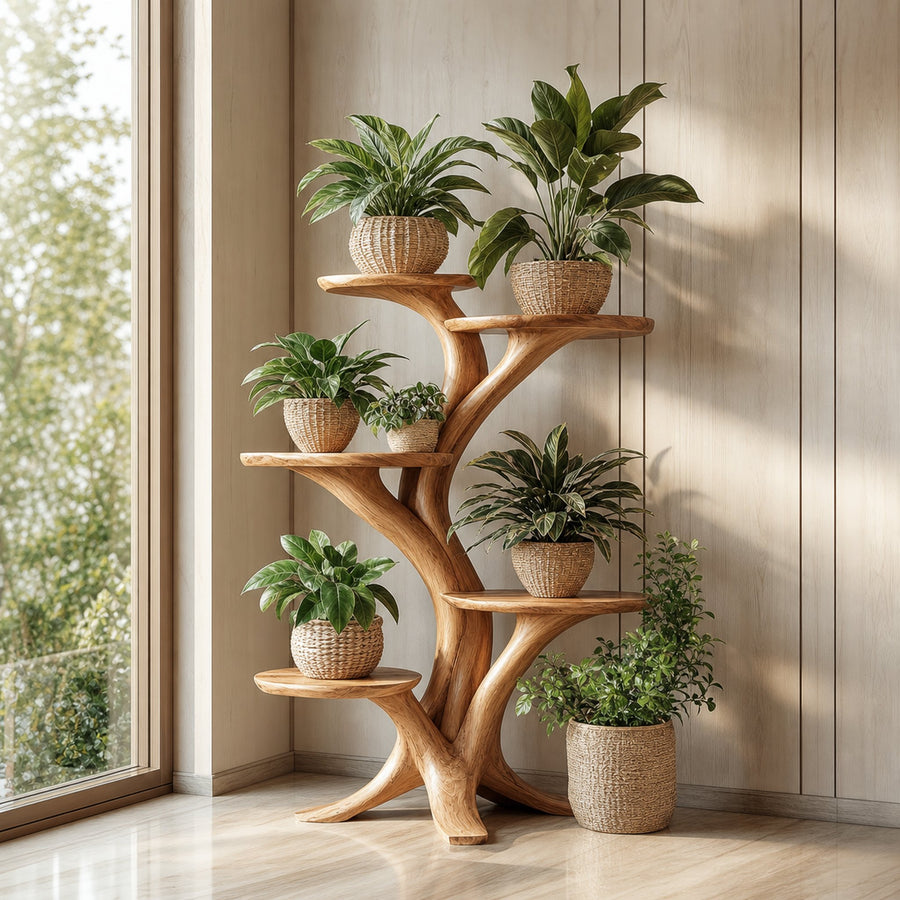 Rustic Tree Plant Stand Natural Interior Design Living Room