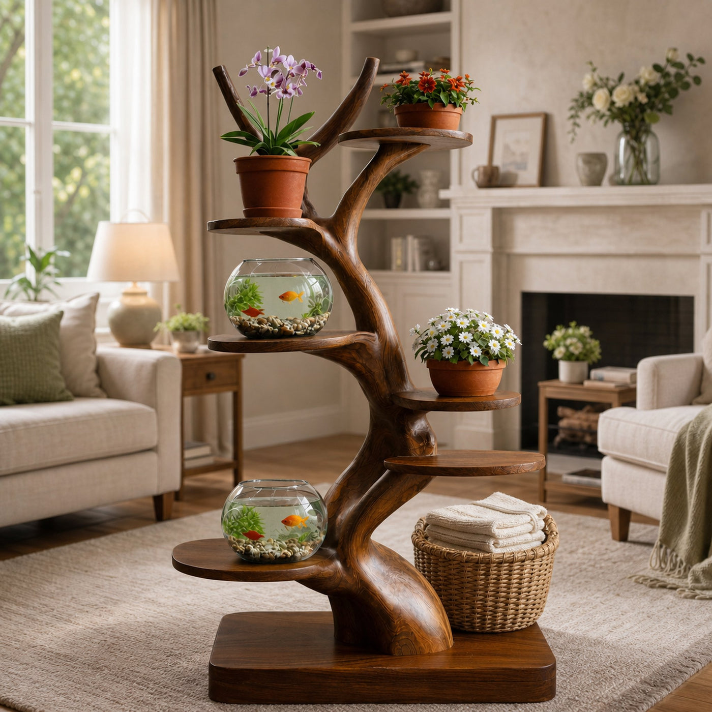 Rustic Tree Style Plant Display Living Room