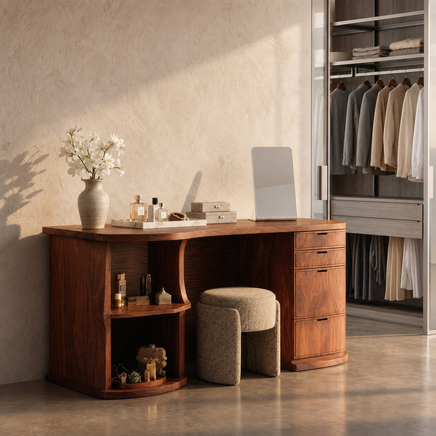 Rustic Vanity Desk With Built In Storage Cabinet For Bedroom