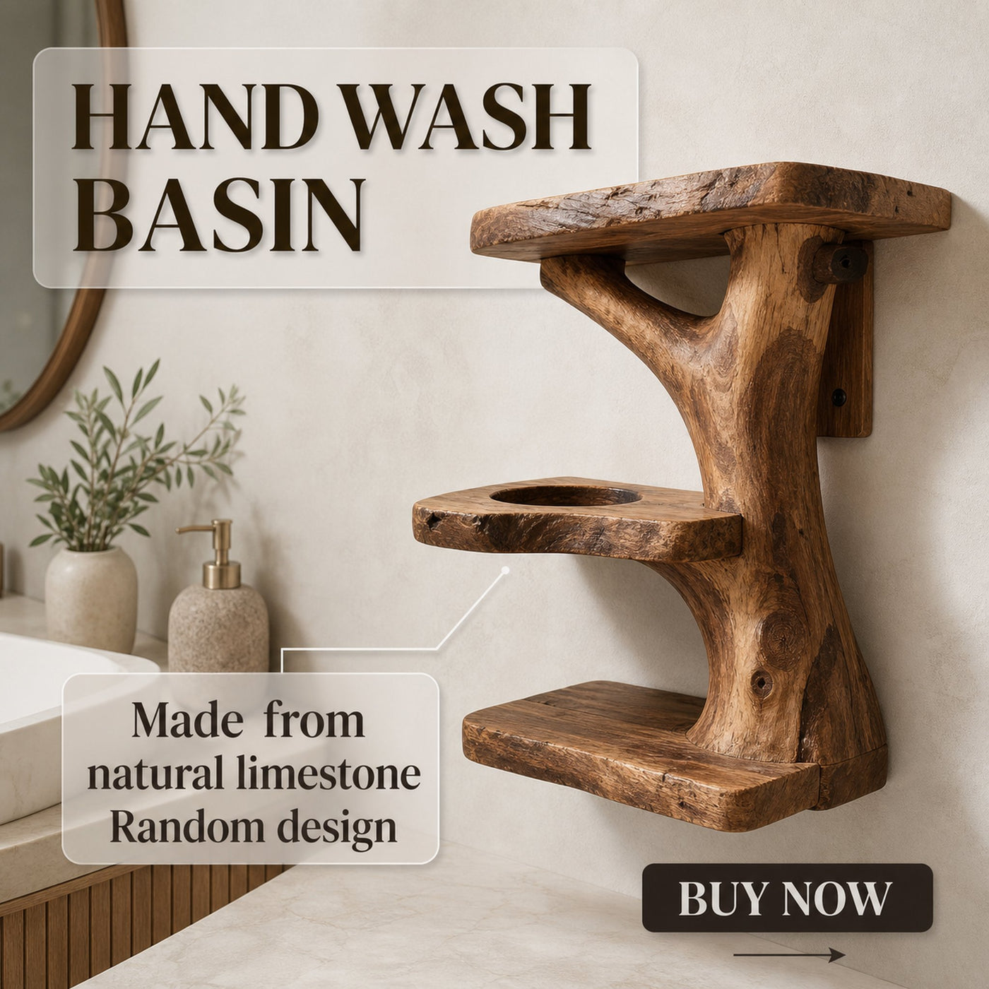Rustic Wall Mounted Tree Shelf Bathroom Or Powder Space - product view 6