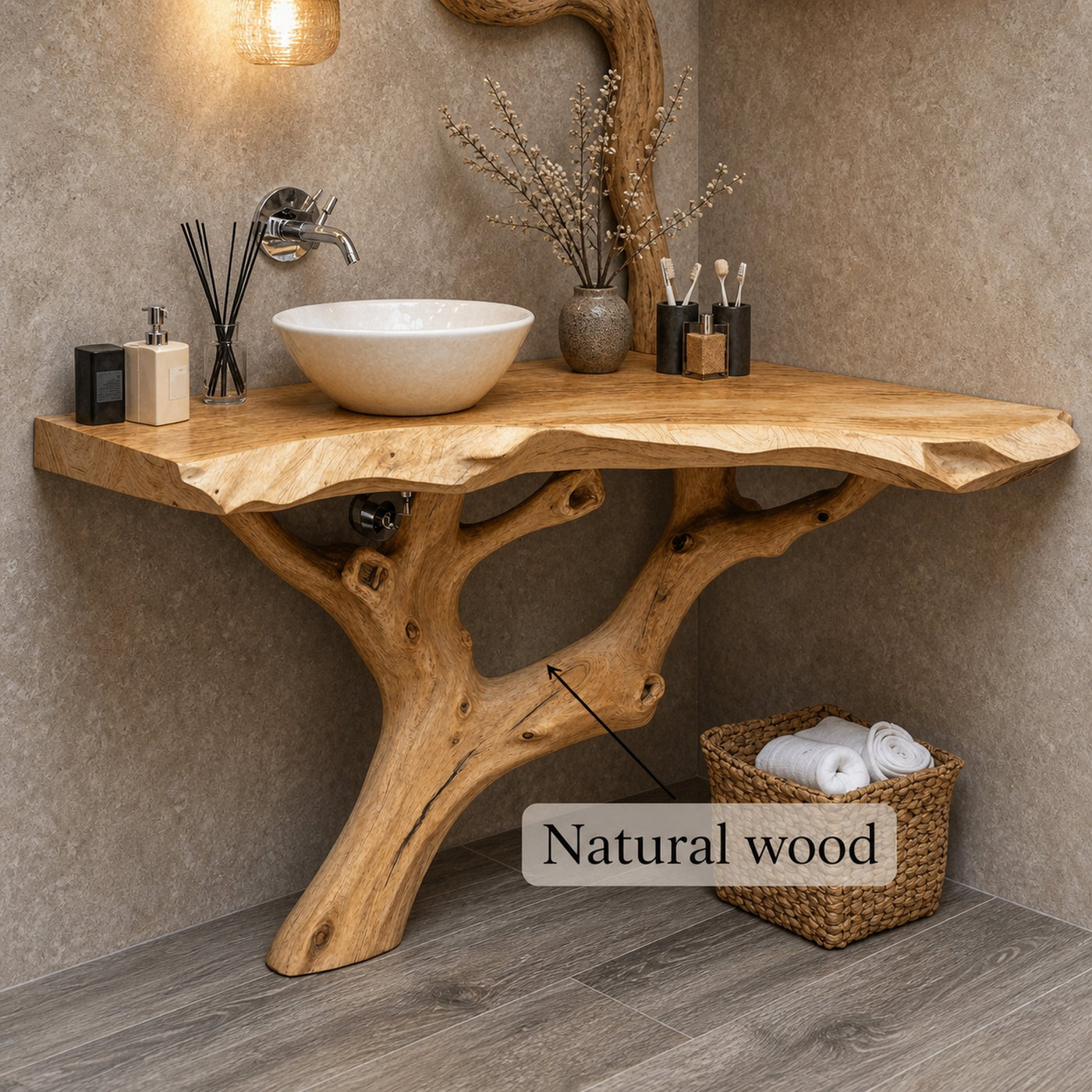 Rustic Wood Corner Bathroom Vanity With Natural Finish - product view 6