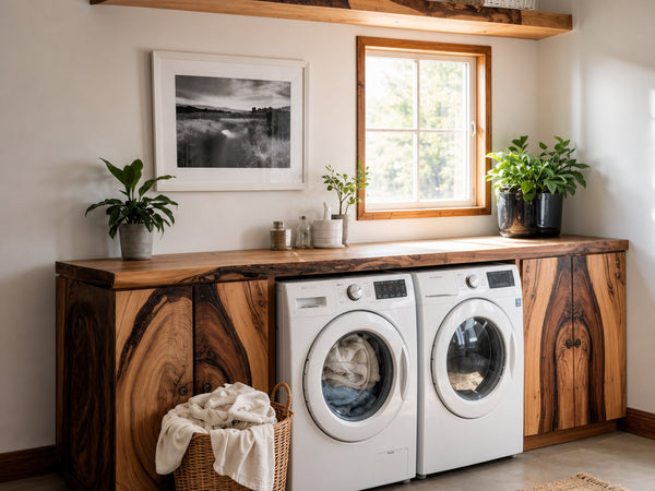 Rustic Wood Laundry Cabinet For Washer And Dryer With Natural Shelf Accent