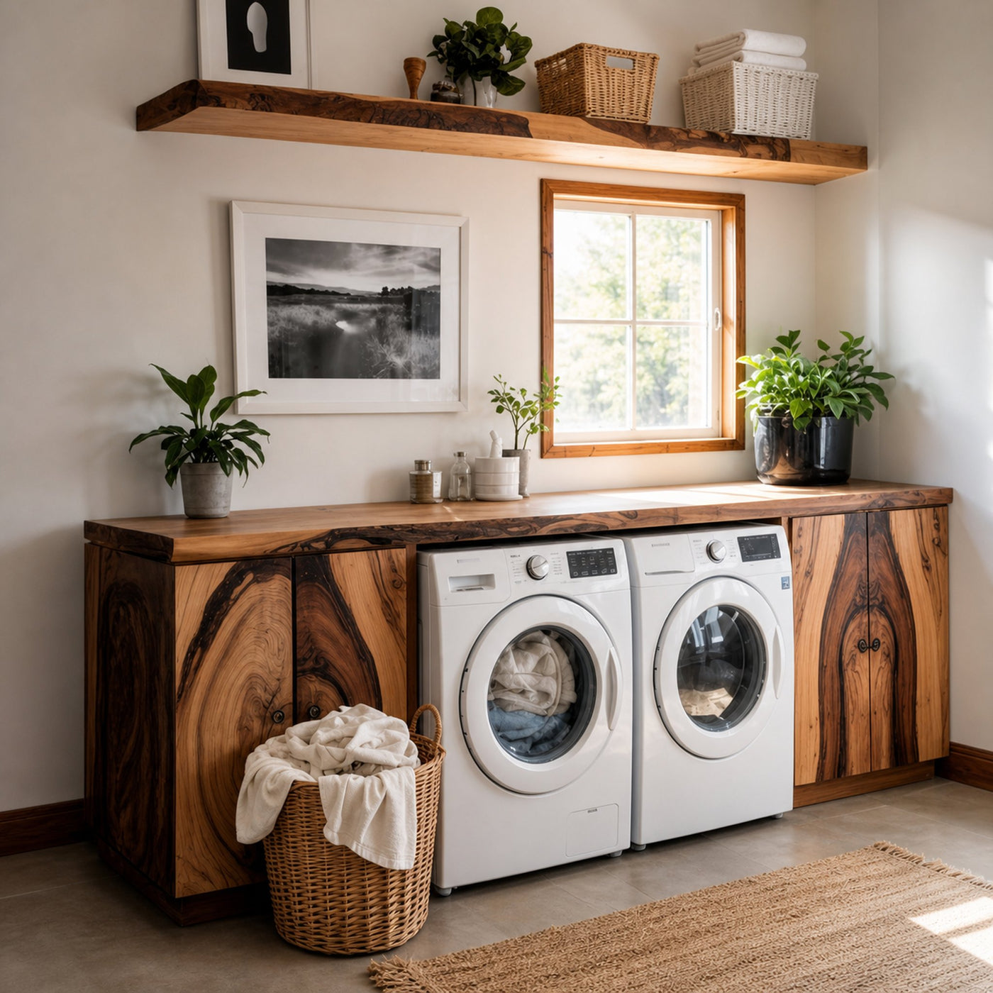 Rustic Wood Laundry Cabinet For Washer And Dryer With Natural Shelf Accent