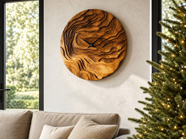 Rustic Wood Wall Clock With Hand Carved Organic Pattern For Living Room