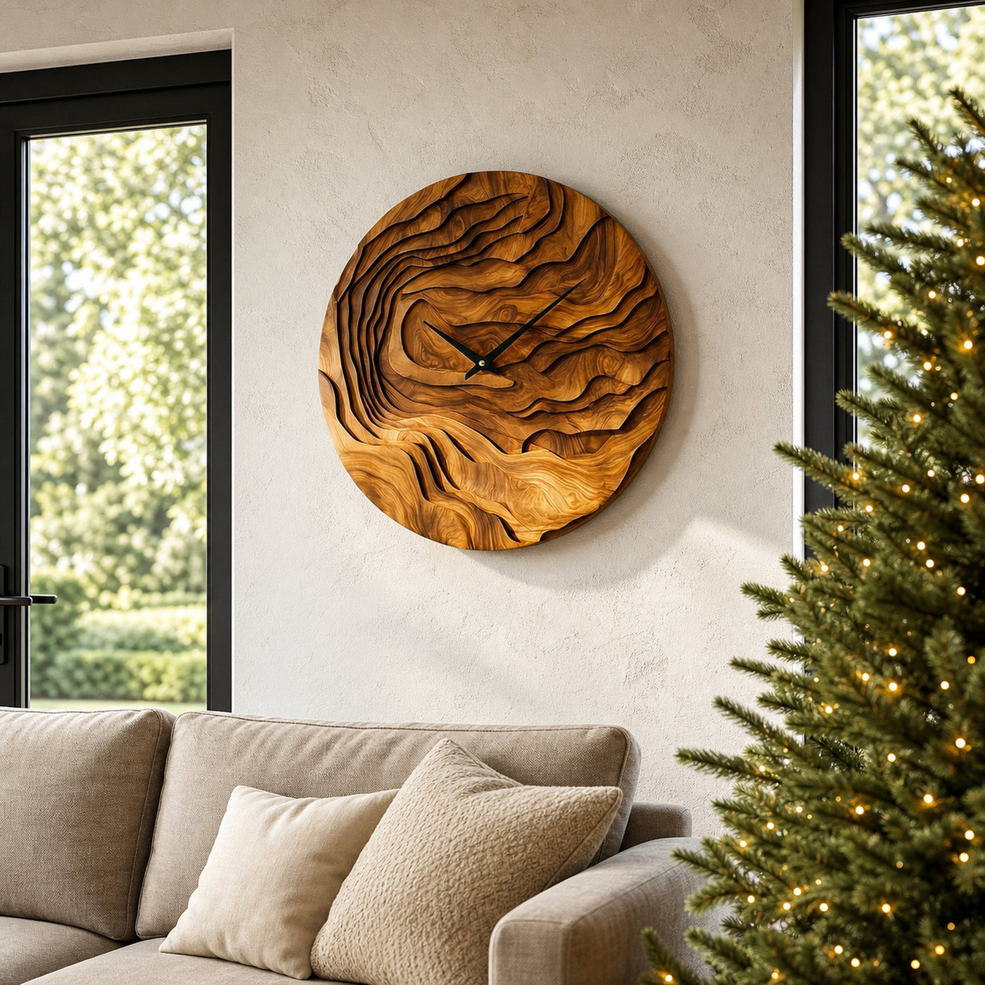 Rustic Wood Wall Clock With Hand Carved Organic Pattern For Living Room