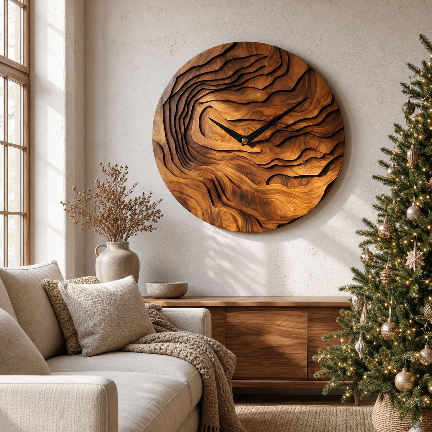 Rustic Wood Wall Clock With Hand Carved Organic Pattern For Living Room - product view 6