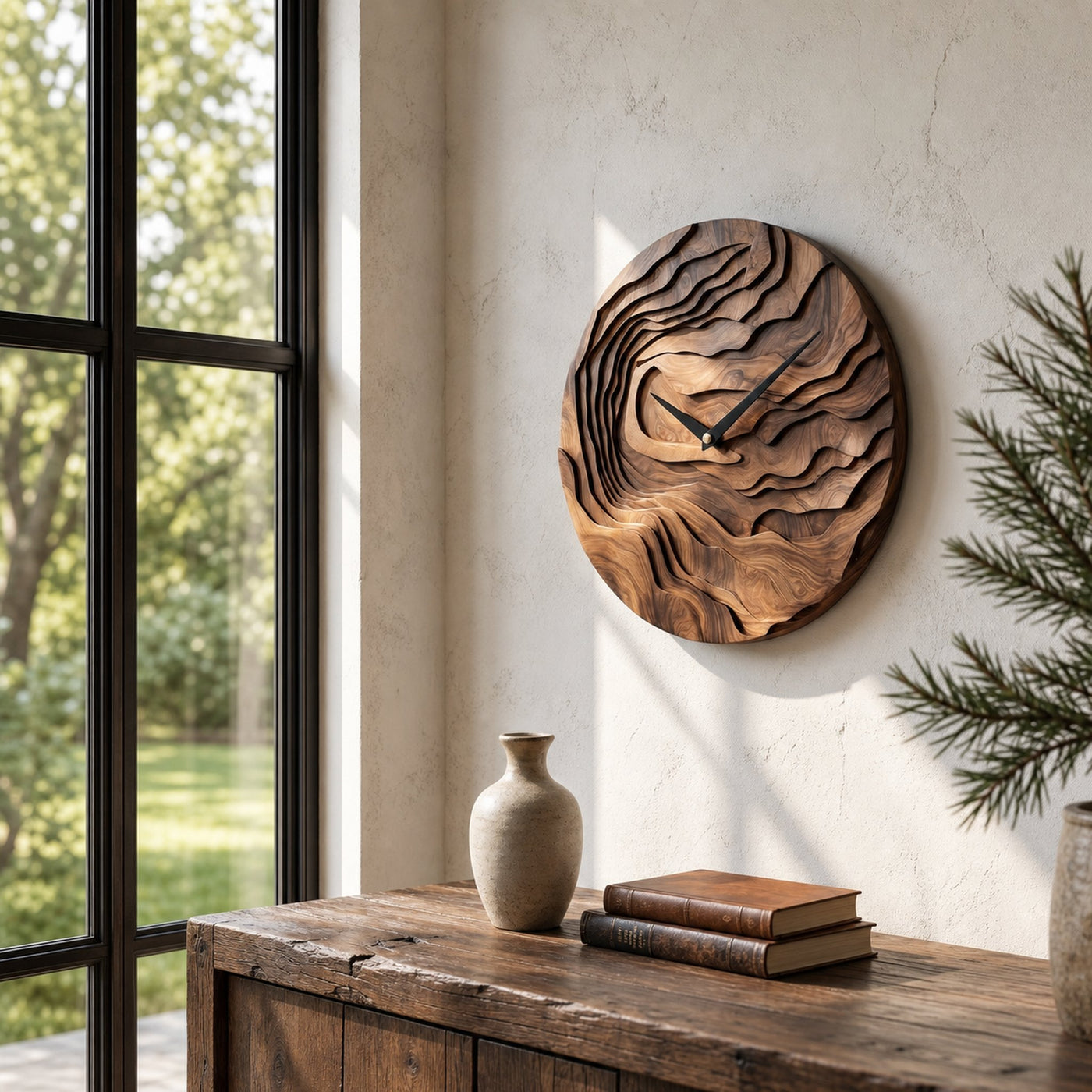 Rustic Wood Wall Clock With Hand Carved Organic Pattern For Living Room - product view 7