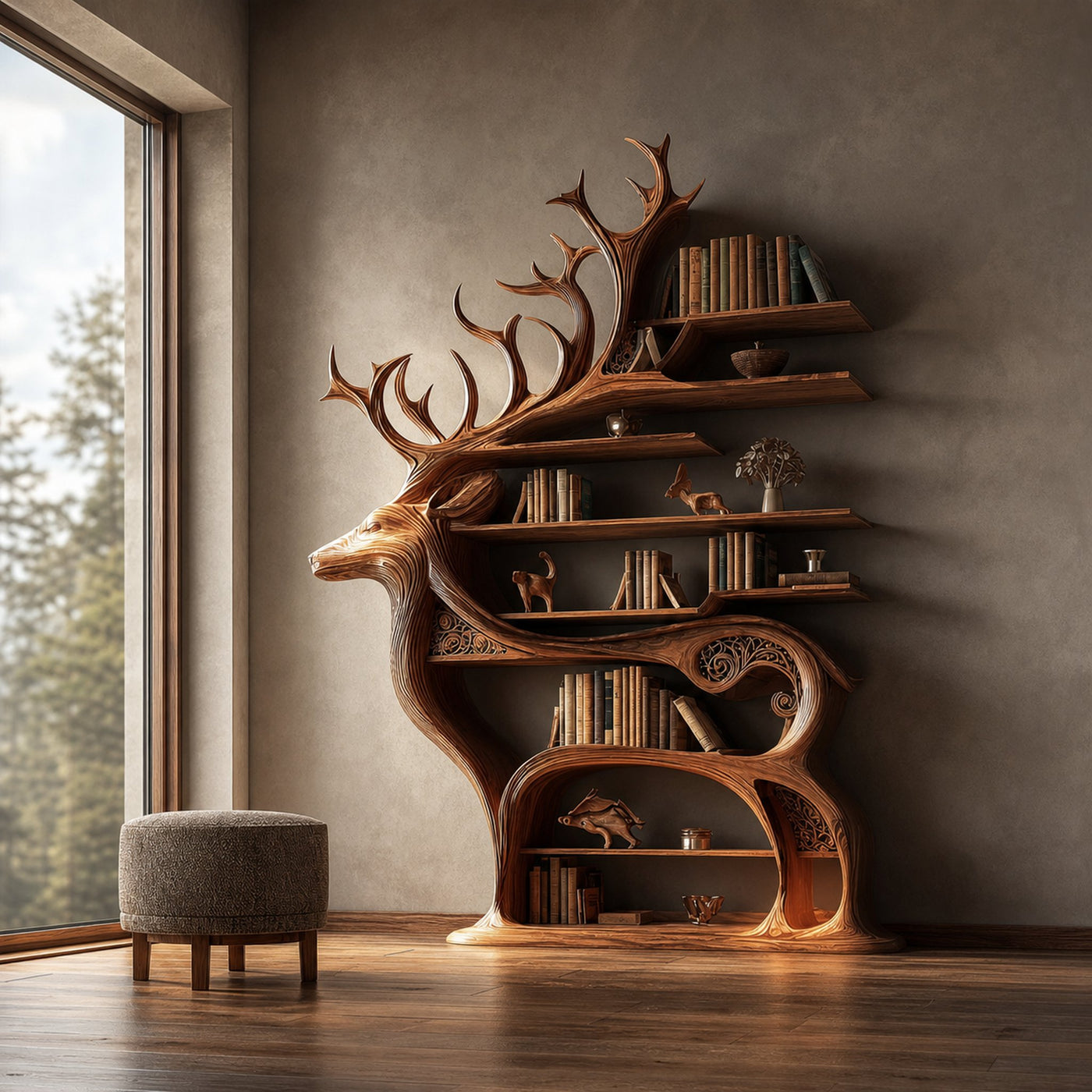 Rustic Wooden Bookshelf Console Deer Design Living Room