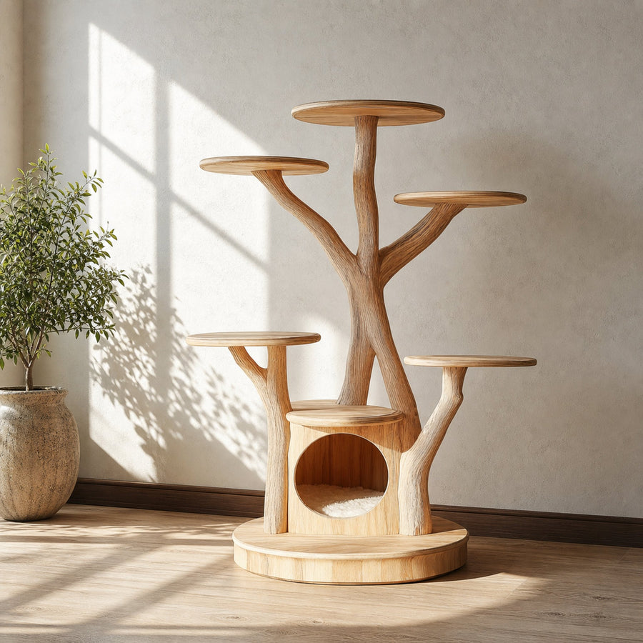 Rustic Wooden Cat Tree Living Room Pet Furniture With Cat House