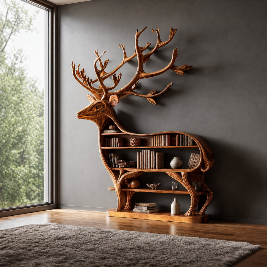 Rustic Wooden Deer Console Bookshelf Living Room
