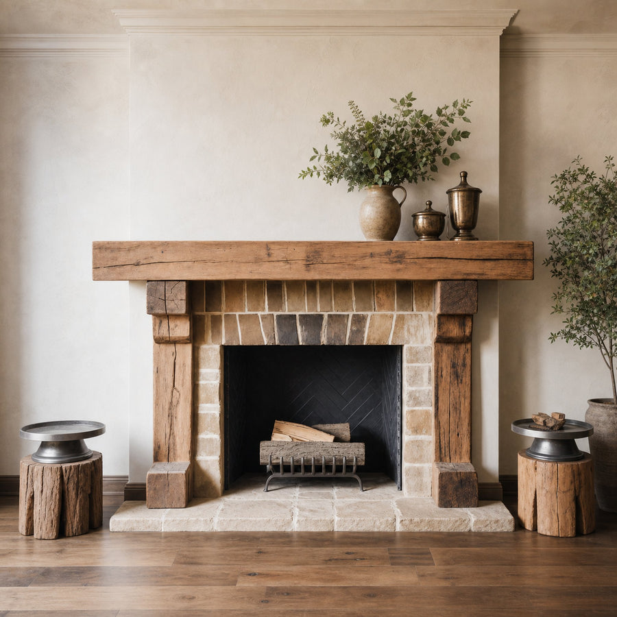 Rustic Wooden Fireplace Mantel With Solid Beam Design For Living Room