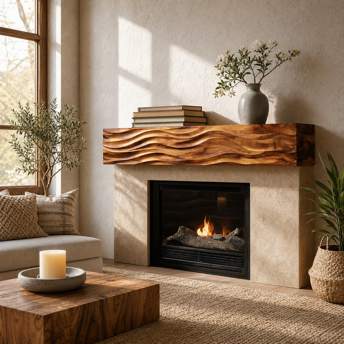 Rustic Wooden Fireplace Shelf With Wave Carved For Living Room