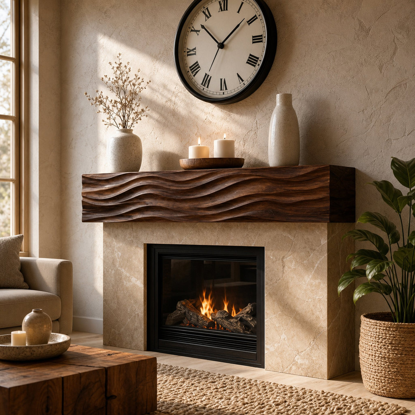 Rustic Wooden Fireplace Shelf With Wave Carved For Living Room - product view 8
