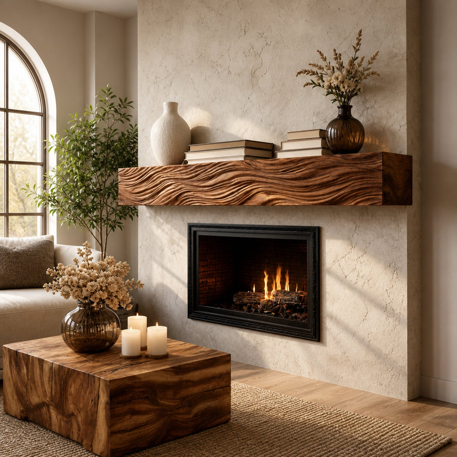 Rustic Wooden Floating Fireplace Shelf For Living Decor