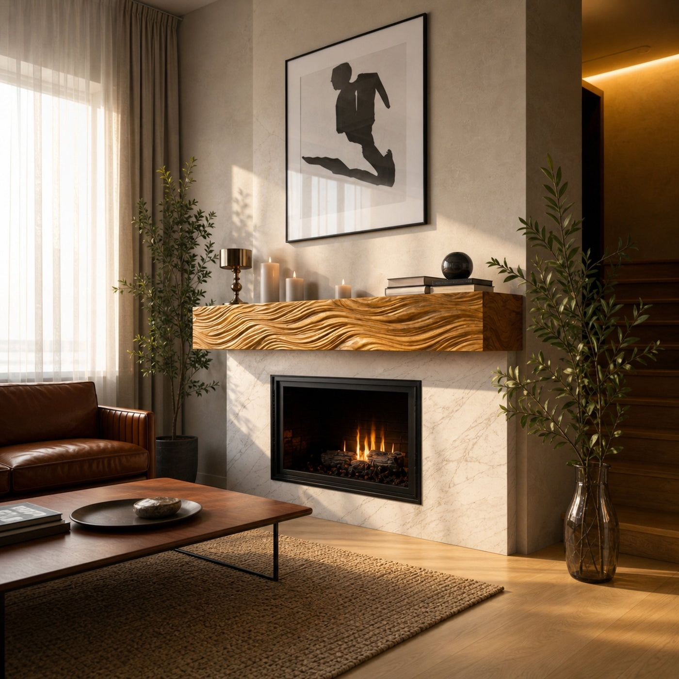 Rustic Wooden Floating Fireplace Shelf For Living Decor - product view 6