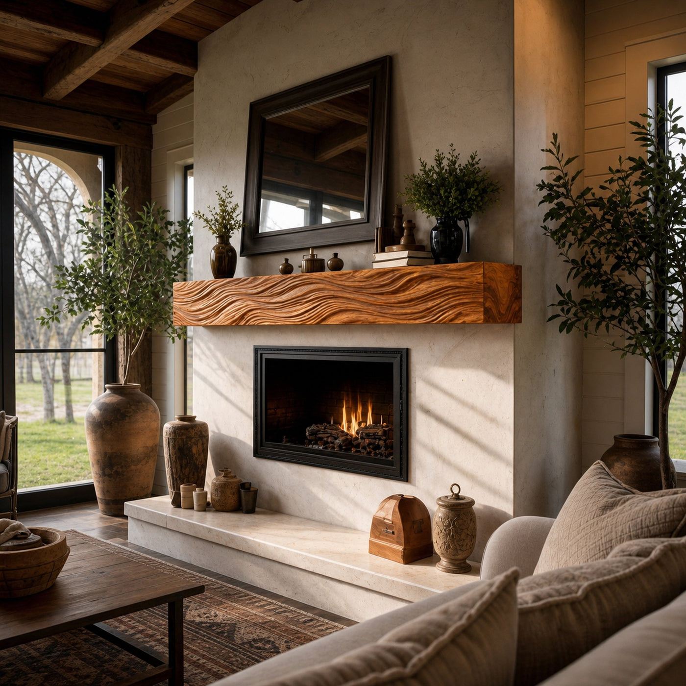 Rustic Wooden Floating Fireplace Shelf For Living Decor - product view 7