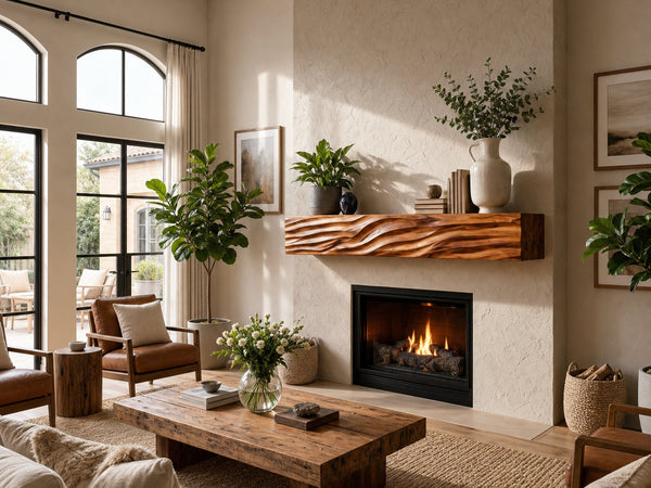 Rustic Wooden Floating Fireplace Shelf For Living Room Interior