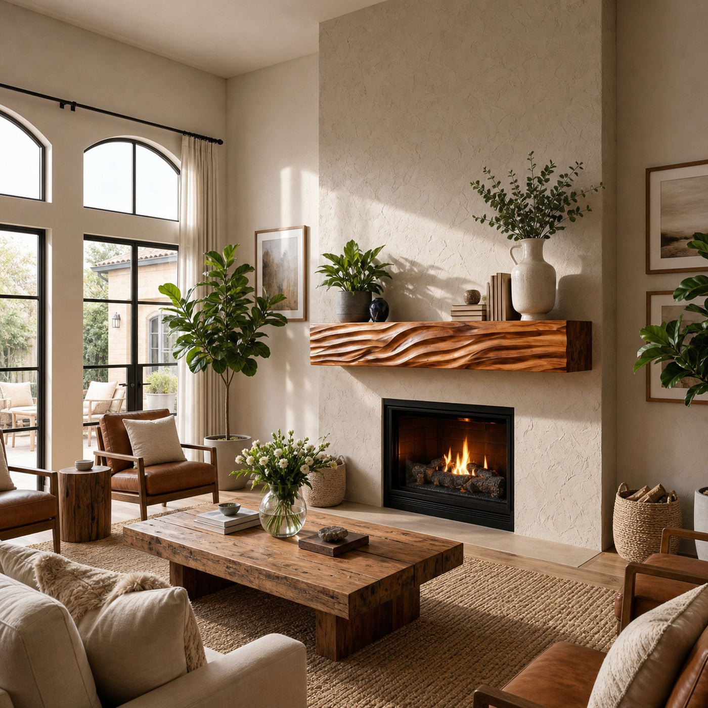 Rustic Wooden Floating Fireplace Shelf For Living Room Interior