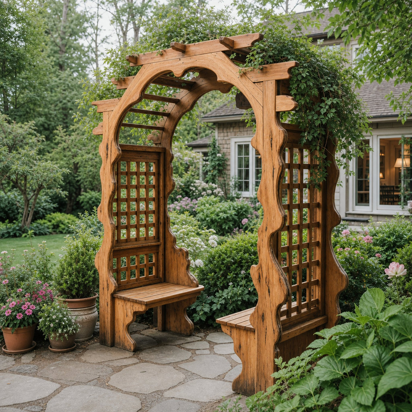 Rustic Wooden Garden Arbor With Built In Bench Seating For Patio Or Backyard