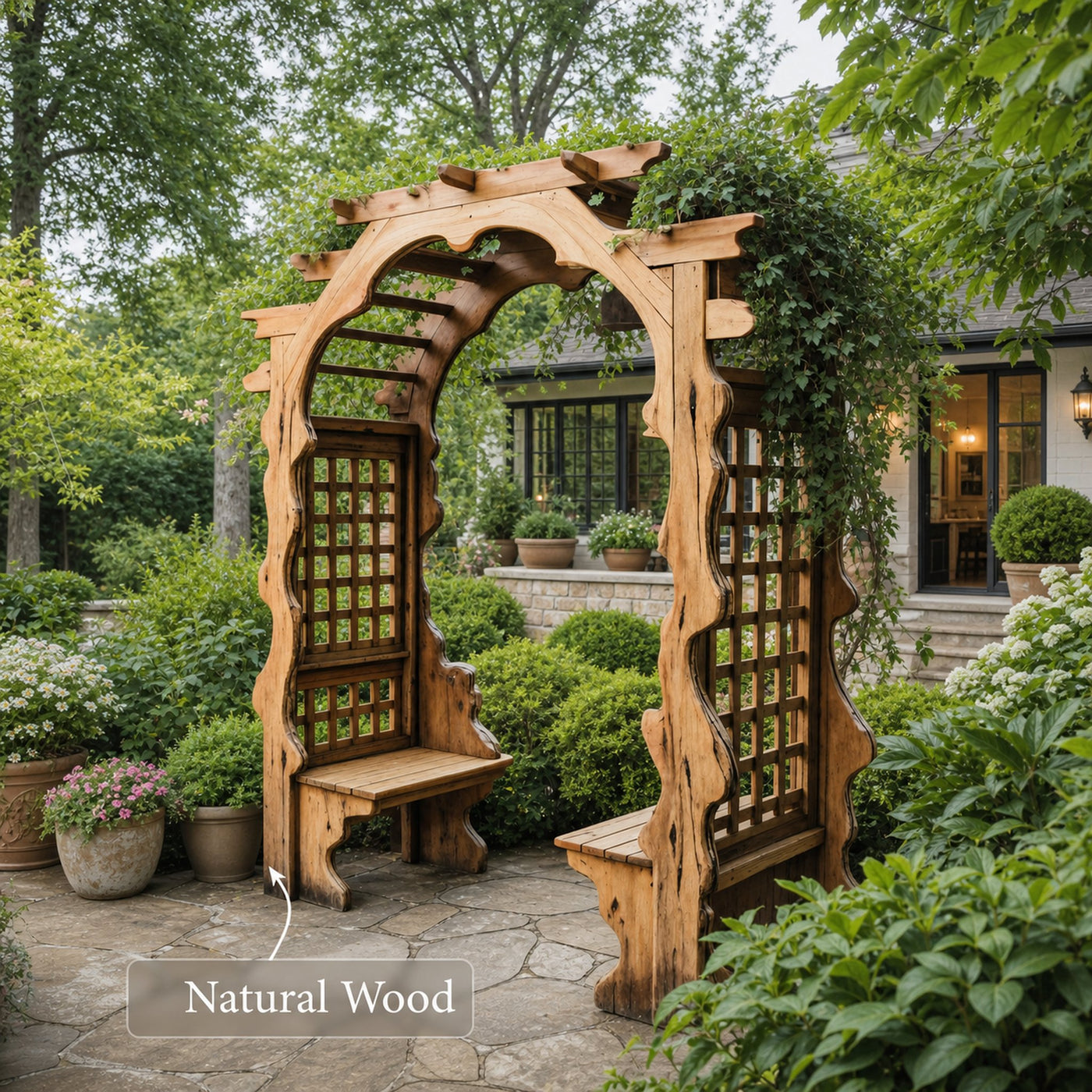 Rustic Wooden Garden Arbor With Built In Bench Seating For Patio Or Backyard - product view 6
