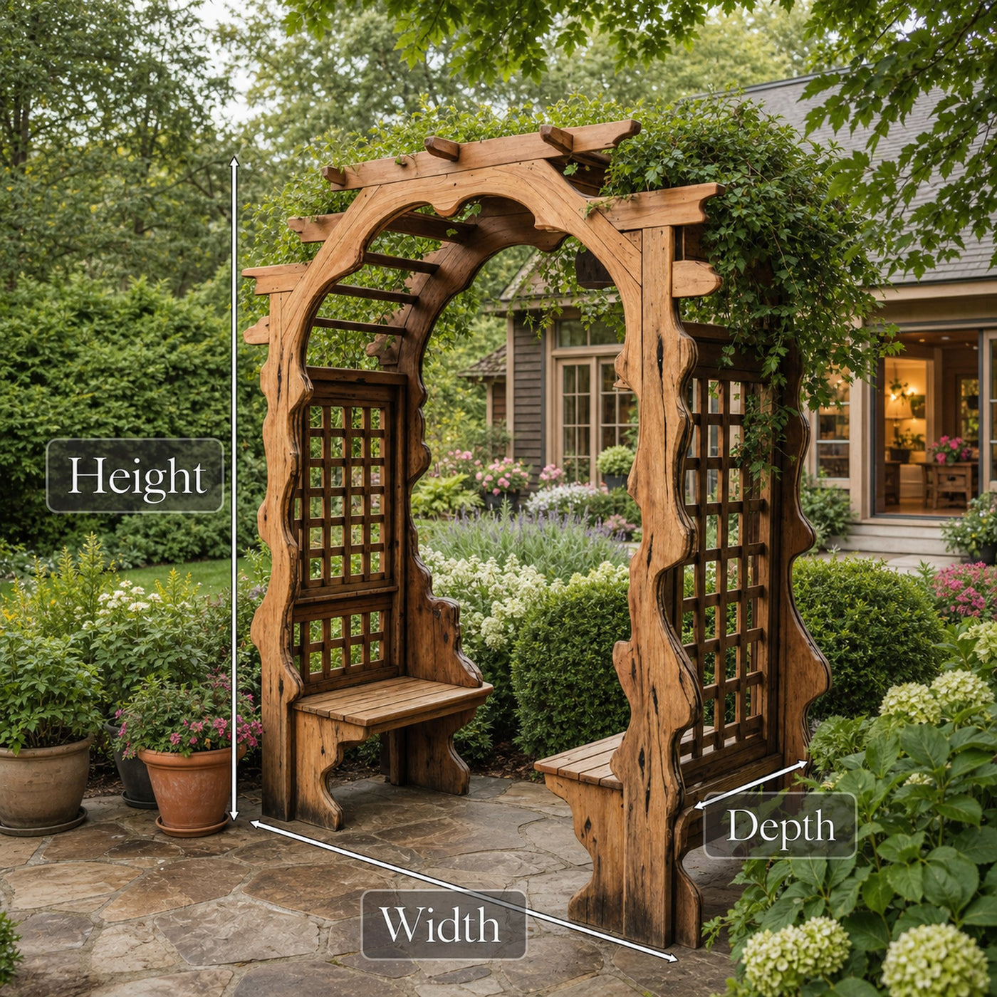 Rustic Wooden Garden Arbor With Built In Bench Seating For Patio Or Backyard - product view 7