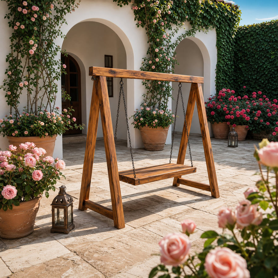 Rustic Wooden Outdoor Swing With A Frame For Garden