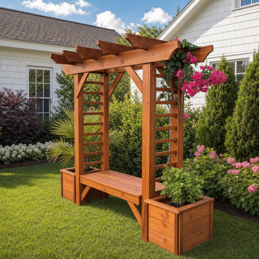 Rustic Wooden Pergola Bench With Planters For Patio Or Garden