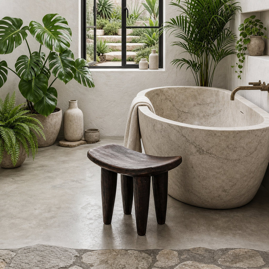 Rustic Wooden Stool With Artistic Solid Wood Form For Bathroom